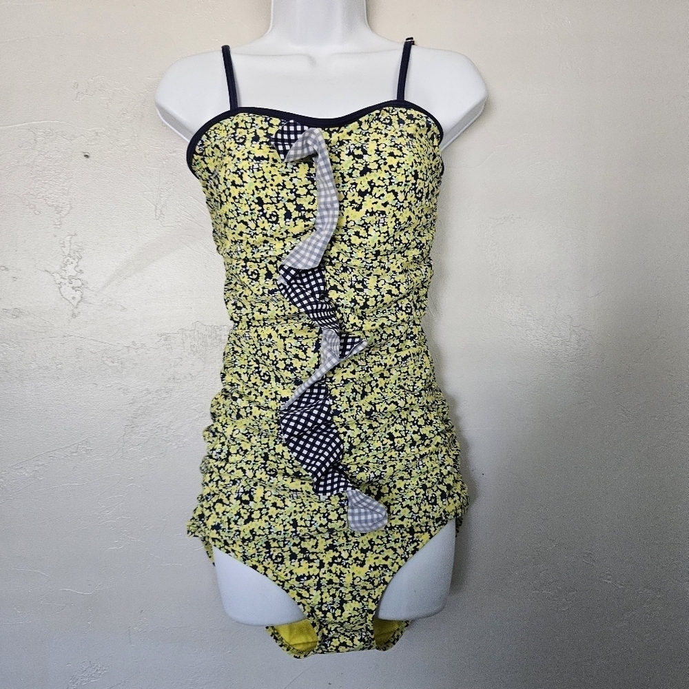 Lime Ricki Women's Medium Tankini Swim Suit Blue Yellow Floral Ruffle Two Piece